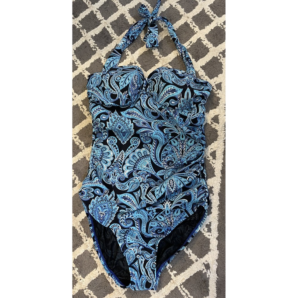 Assets by Sara Blakely Spanx Swimsuit One Piece Halter Paisley Blue Black M